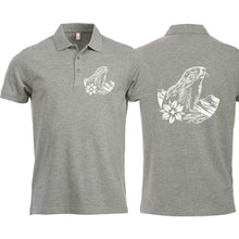 Lade das Bild in den Galerie-Viewer, Polo Unisex mit Murmeltier, Graumeliert, Brust klein &amp; Rücken gross
