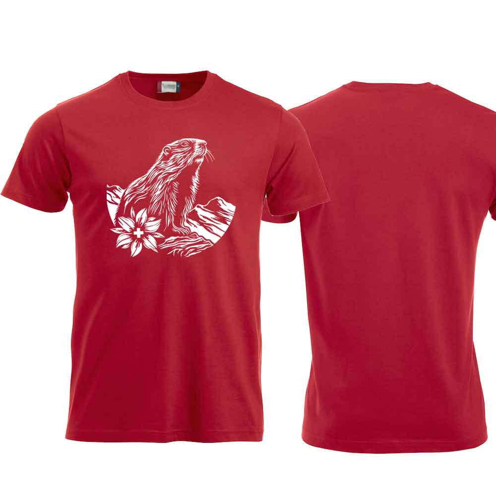 T-Shirt mit Alpen-Murmeltier, Rot, Brust  gross