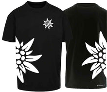 Load image into Gallery viewer, Oversize t-Shirt Edelweiss, Schwarz, Brust und Seite gross
