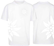 Load image into Gallery viewer, Oversize t-Shirt Edelweiss, White edition, Brust und Seite gross
