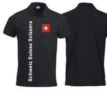 Charger l&#39;image dans la galerie, Polo Unisex Schwarz mit Schweizerkreuz Patch und Text Schweiz Suisse Svizzera

