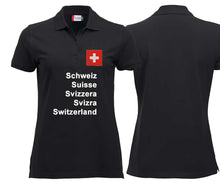 Load image into Gallery viewer, Polo Damen mit Schweizerkreuz Patch und Text Schweizer Pass Design
