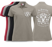 Charger l&#39;image dans la galerie, Polo Damen mit Schweizer Kuh und Text Schweiz Suisse Svizzera Svizra 1291 Confoederatio Helvetica
