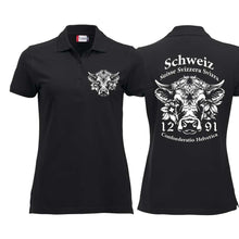 Charger l&#39;image dans la galerie, Polo Damen Schwarz mit Schweizer Kuh und Text Schweiz Suisse Svizzera Svizra 1291 Confoederatio Helvetica
