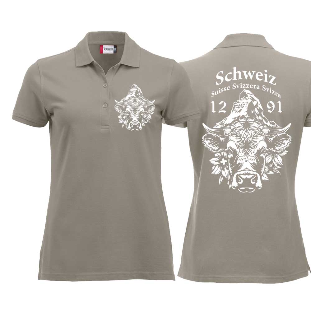 Polo Damen Silber mit Schweizer Kuh vor dem Matterhorn
