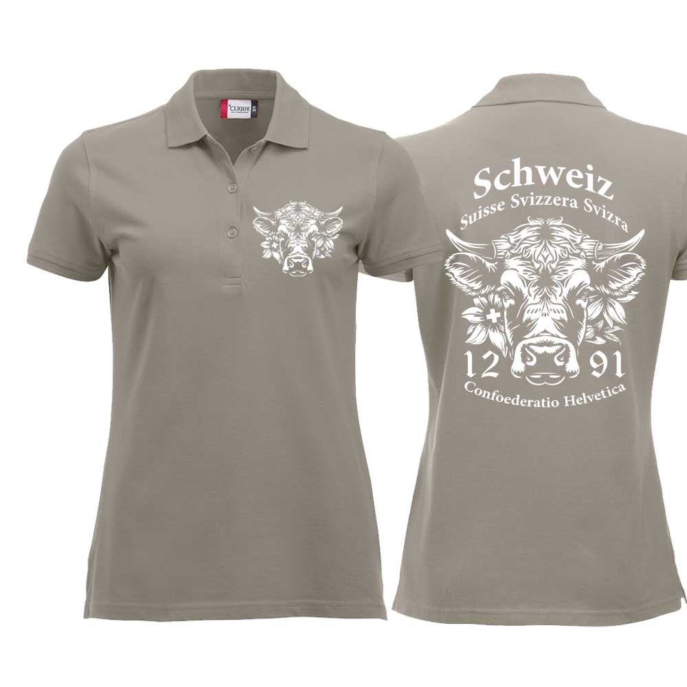 Polo Damen Silber mit Schweizer Kuh und Text Schweiz Suisse Svizzera Svizra 1291 Confoederatio Helvetica