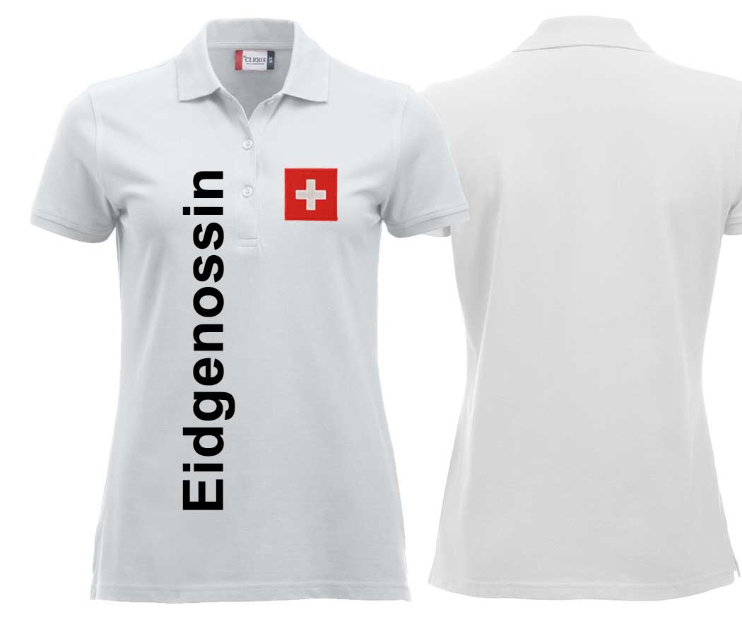 Polo Damen White Edition mit Schweizerkreuz und Text Eidgenossin