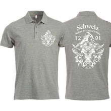 Charger l&#39;image dans la galerie, Polo Graumeliert Unisex mit Schweizer Kuh vor dem Matterhorn und Text Schweiz Suisse Svizzera Svizra 1291 Confoederatio Helvetica
