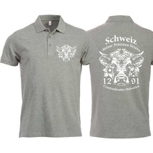 Lade das Bild in den Galerie-Viewer, Polo Graumeliert Unisex mit Schweizer Kuh und Text Schweiz Suisse Svizzera Svizra 1291 Confoederatio Helvetica
