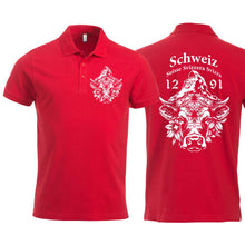 Charger l&#39;image dans la galerie, Polo Rot Unisex mit Schweizer Kuh vor dem Matterhorn und Text Schweiz Suisse Svizzera Svizra 1291 Confoederatio Helvetica
