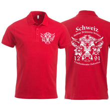 Lade das Bild in den Galerie-Viewer, Polo Rot Unisex mit Schweizer Kuh und Text Schweiz Suisse Svizzera Svizra 1291 Confoederatio Helvetica
