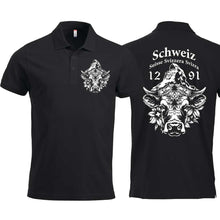 Charger l&#39;image dans la galerie, Polo Schwarz Unisex mit Schweizer Kuh vor dem Matterhorn und Text Schweiz Suisse Svizzera Svizra 1291 Confoederatio Helveticaz
