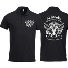 Lade das Bild in den Galerie-Viewer, Polo Schwarz Unisex mit Schweizer Kuh und Text Schweiz Suisse Svizzera Svizra 1291 Confoederatio Helvetica
