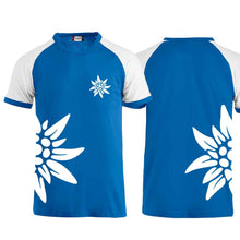 Load image into Gallery viewer, Raglan T-shirt Edelweiss, blue, Edelweiss chest &amp; side
