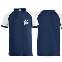 Load image into Gallery viewer, Edelweiss raglan T-shirt, navy, Edelweiss chest
