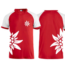 Load image into Gallery viewer, Raglan T-shirt Edelweiss, red, Edelweiss chest &amp; side

