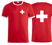Load image into Gallery viewer, Raglan T-Shirt Rot zum selber Designen, Schweizerkreuz Brust und Rücken
