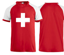 Load image into Gallery viewer, Raglan T-Shirt Rot mit Schweizerkreuz Brust gross
