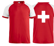 Load image into Gallery viewer, Raglan T-Shirt Rot mit Schweizerkreuz gross Rücken
