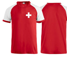 Load image into Gallery viewer, Raglan T-Shirt Rot mit Schweizerkreuz Brust klein
