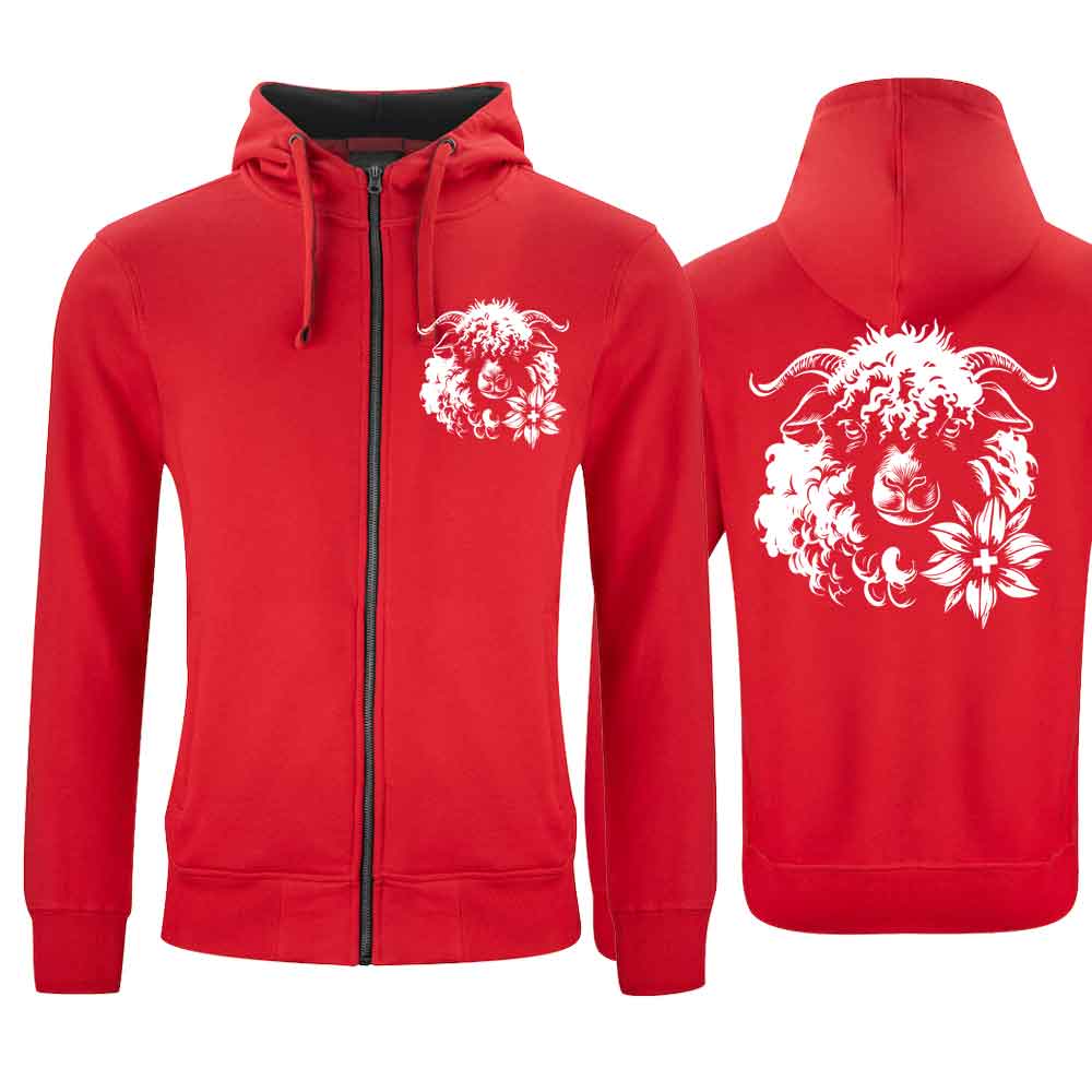 Kapuzenjacke mit Schwarznasenschaf, Rot, Brust & Rücken