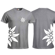 Load image into Gallery viewer, Edelweiss T-shirt, gray, large chest and side
