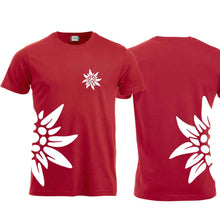 Load image into Gallery viewer, Edelweiss T-shirt, red, large chest and side
