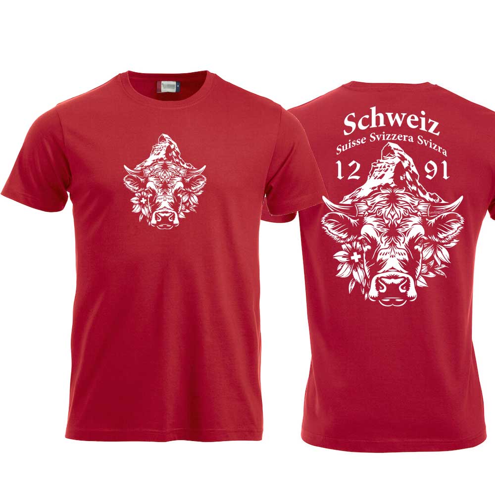 T-Shirt Rot mit Schweizer Kuh und Matterhorn und Text Schweiz Suisse Svizzera Svizra 1291 Confoederatio Helvetica