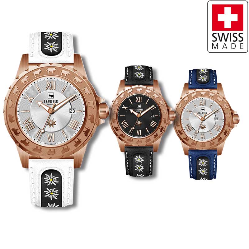 Edelweiss Damenuhr Roségold mit Edelweiss Band von Trauffer