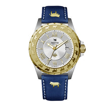 Charger l&#39;image dans la galerie, Herrenuhr mit Lederarmband &quot;Kuh&quot; Blau und Gold

