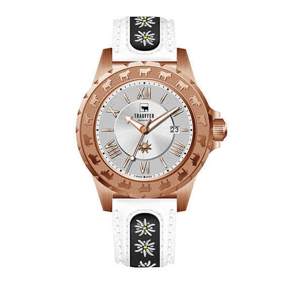 Edelweiss Damenuhr Roségold mit Edelweiss Band weiss 
von Trauffer