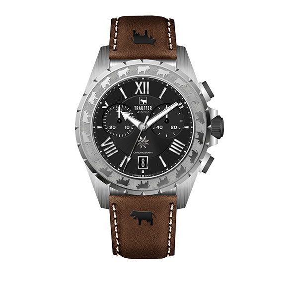 Chronograph with silver case, black dial, brown dial