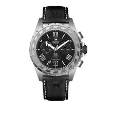 Load image into Gallery viewer, Chronograf mit Silbernes Gehäuse, Schwarzes Ziffernblatt, schwarzes Lederband

