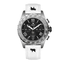 Load image into Gallery viewer, Chronograf mit Silbernes Gehäuse, Schwarzes Ziffernblatt, weisses Lederband
