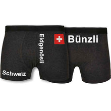 Load image into Gallery viewer, Unterhose Schwarz mit Schweizerkreuz und Text
