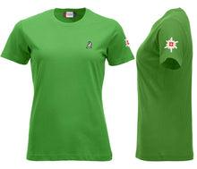 Charger l&#39;image dans la galerie, Premium T-Shirt Women Apfelgrün, mit Logo und Edelweiss
