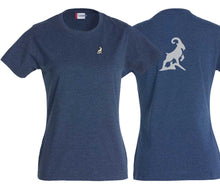 Lade das Bild in den Galerie-Viewer, Premium T-Shirt Women Blaumeliert, mit Logo hinten
