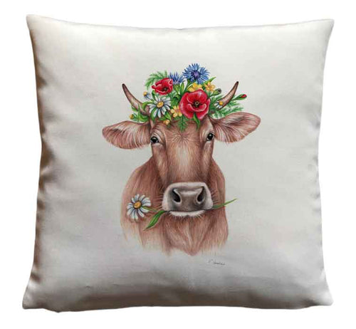 Coussin vache fleurie imitation lin, 40x40cm