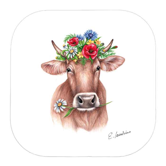 Sottobicchiere a forma di mucca fiorita