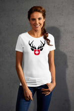 Charger l&#39;image dans la galerie, Weisses T-Shirt Women Jäger mit Hirsch
