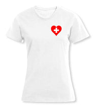 Charger l&#39;image dans la galerie, Weisses T-Shirt Women mit Schweizerkreuz in Herzform
