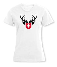 Charger l&#39;image dans la galerie, Weisses T-Shirt Women Jäger mit Hirsch
