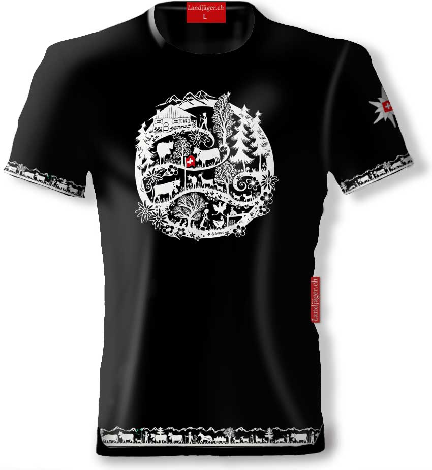 T-Shirt Schwarz Rundhals Alpaufzug mit Heimatkreis