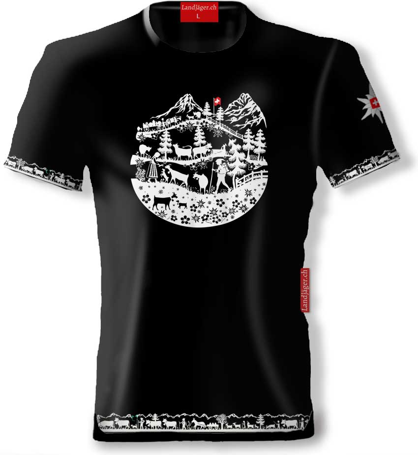 T-Shirt Schwarz Rundhals Alpaufzug mit Alpenleben
