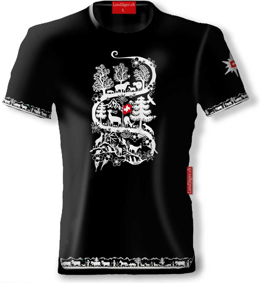 T-Shirt Schwarz Rundhals Alpaufzug mit Alpläbä