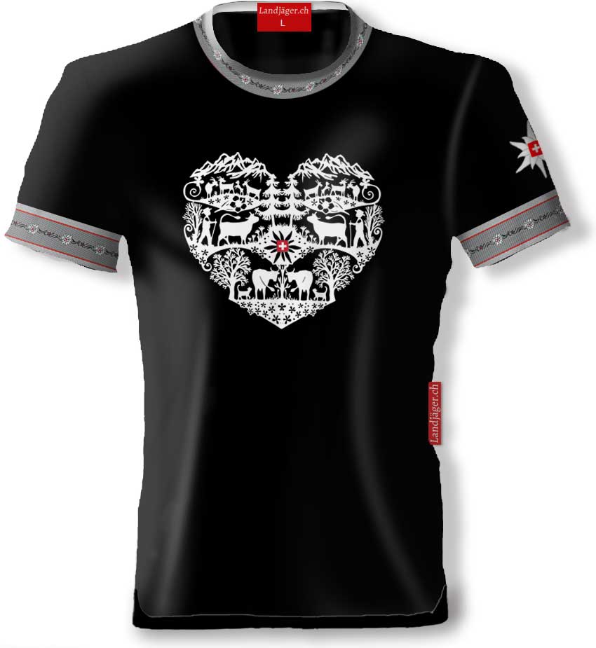 T-Shirt Schwarz Rundhals Anthrazit mit Alpenherz