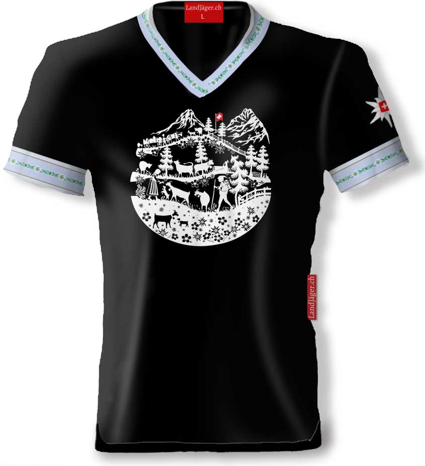 T-Shirt Schwarz V-Ausschnitt Blau mit Alpenleben