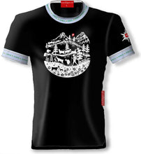 Load image into Gallery viewer, T-Shirt Schwarz Rundhals Blau mit Alpenleben
