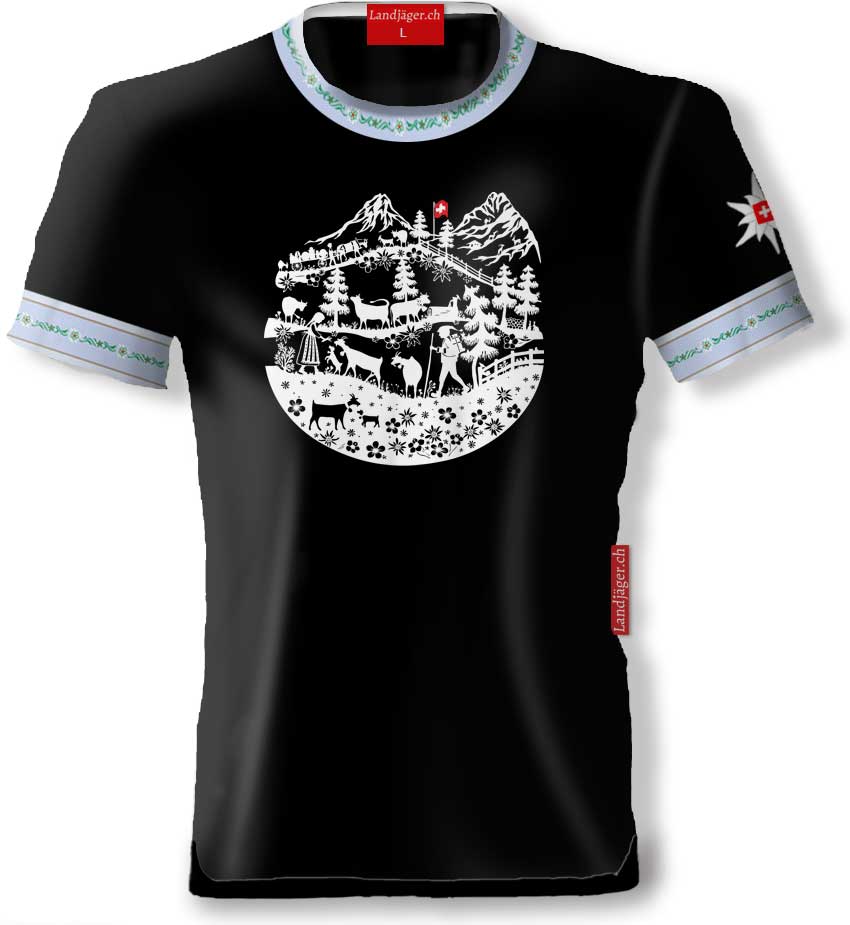 T-Shirt Schwarz Rundhals Blau mit Alpenleben