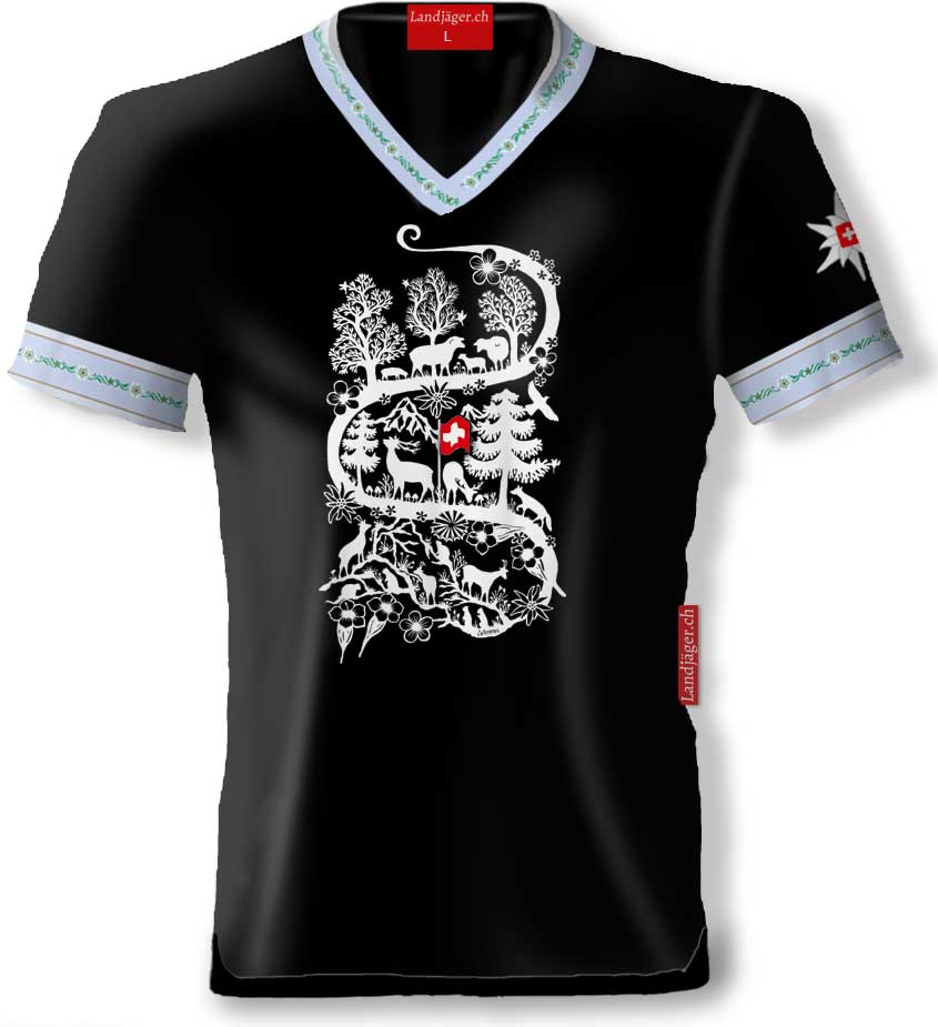 T-Shirt Schwarz V-Ausschnitt blau mit Alpläbä